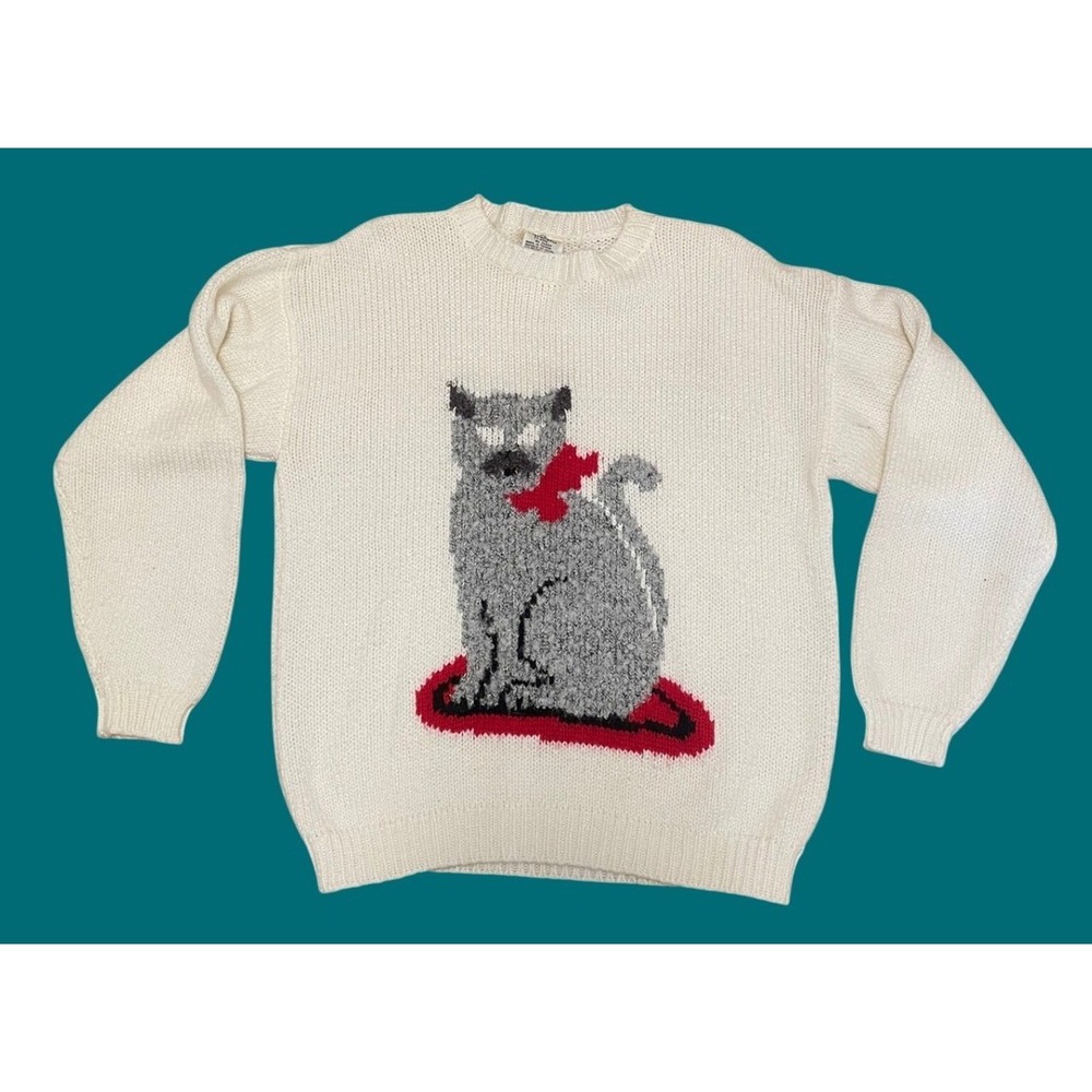 Vintage Sweater Intarsia Cat Graphic Off White Cream Red Bow Medium